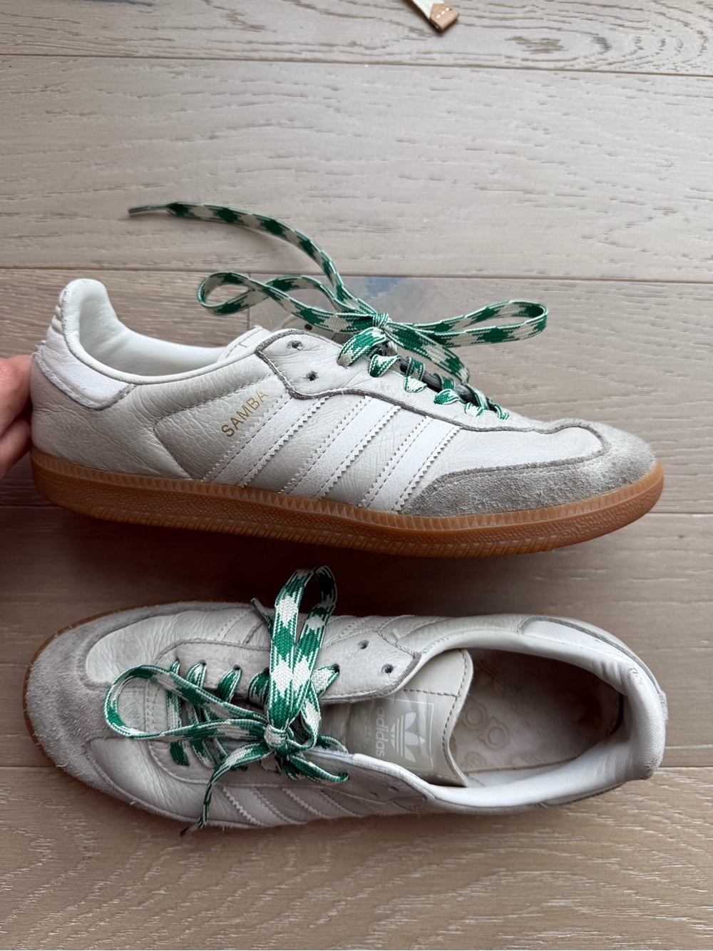 adidas White Samba Sneakers with Gum Soles and Green Patterned Laces